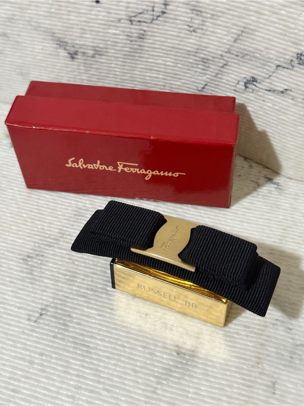 Salvatore Ferragamo Black Grosgrain Bow Hair Clip with Gold Plaque - Picture 5 of 11